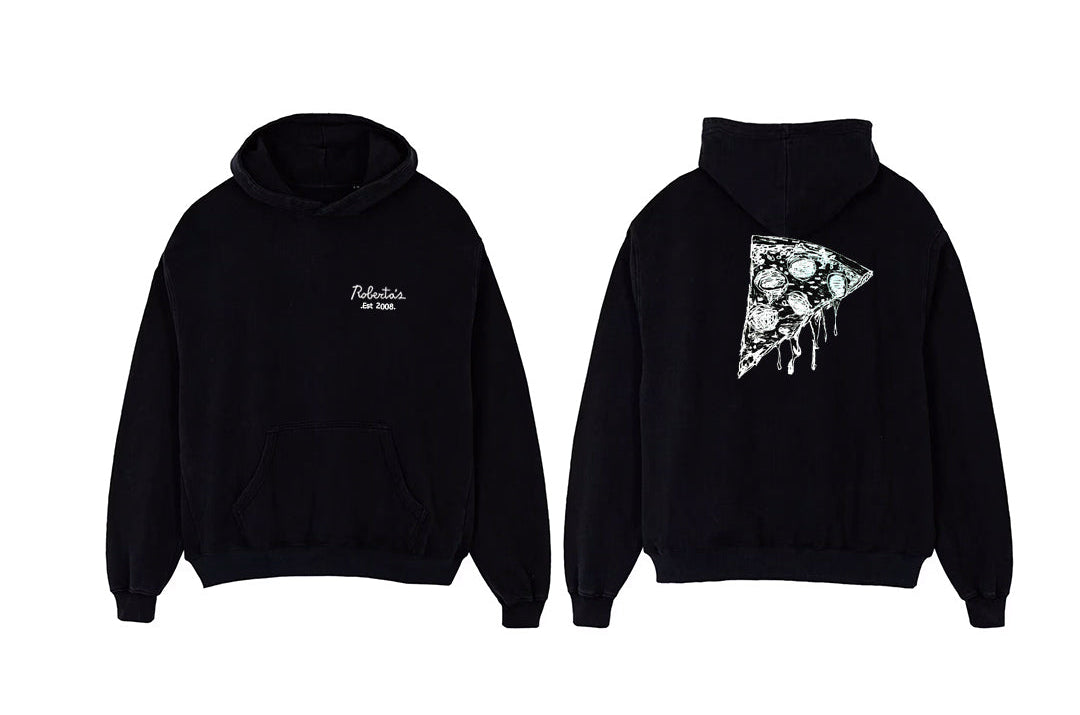 Black hoodie with white text on front and abstract design on back, on a white background