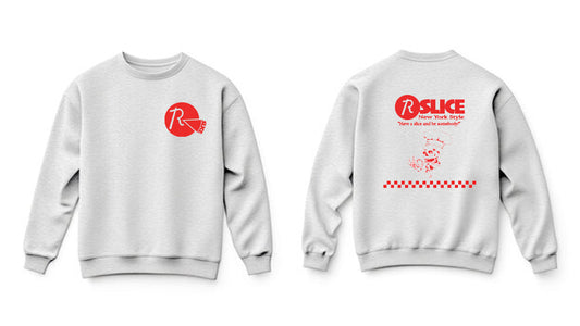 White sweatshirt with red and black graphics on a white background