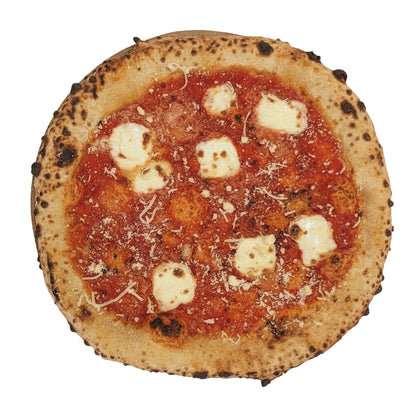 Small pizza with tomato sauce, cheese, and a charred crust on a white background