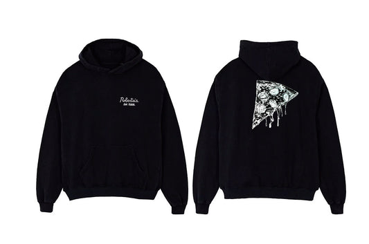 Black hoodie with white text on front and abstract design on back, on a white background
